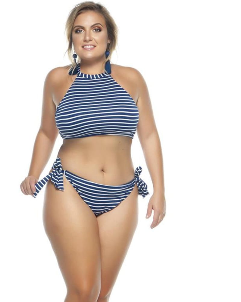Front of a model wearing a size 26 Tie Up Bikini Bottom in Navy Blue Stripe by Lehona. | dia_product_style_image_id:267722